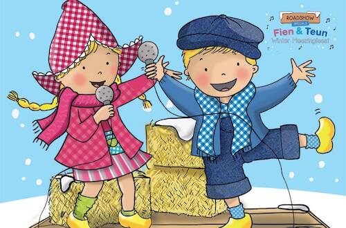 Fien en Teun zingend in de sneeuw